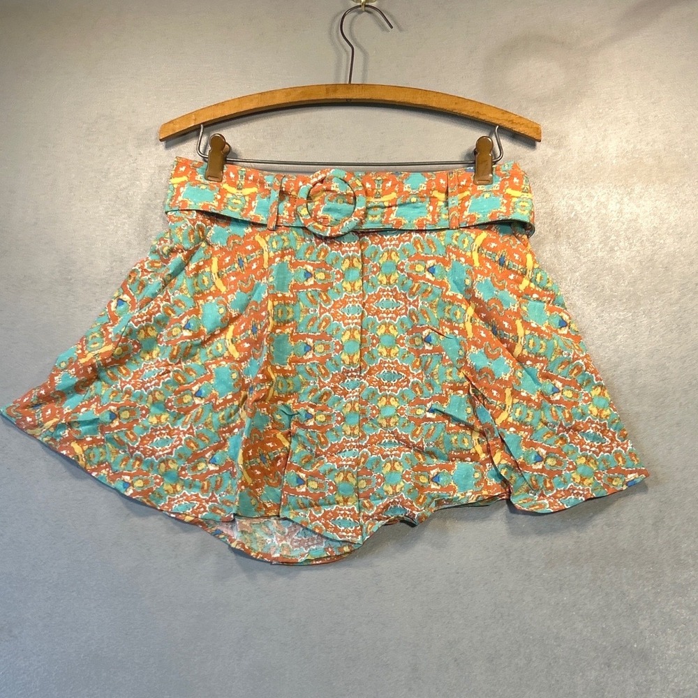 Moon River Womens High Waisted Belted Geometric Print Shorts Orange Teal Small
